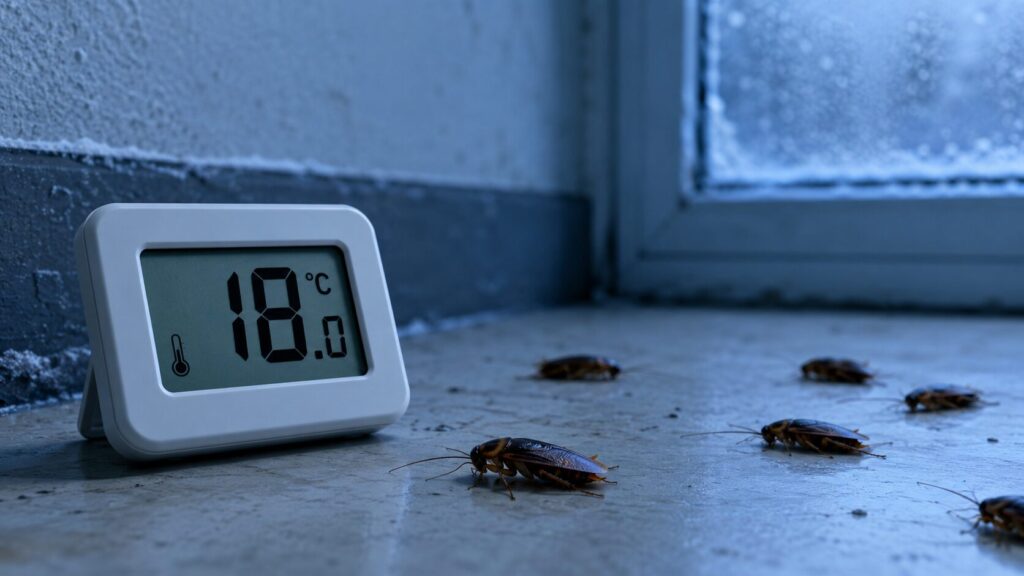 18℃以下の低温環境を示すデジタル室温計と、その近くで寒さにより動きが鈍くなりじっとしている数匹のゴキブリ。冷気を感じさせる色調の室内環境。