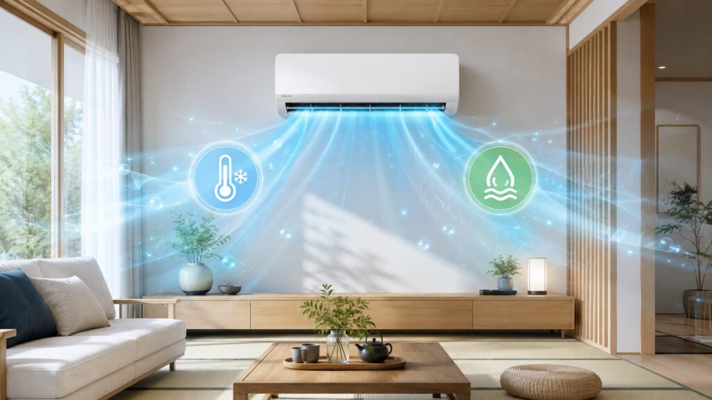 温度と湿度を同時にコントロールし、快適な空間を作り出すエアコン技術のイメージ。