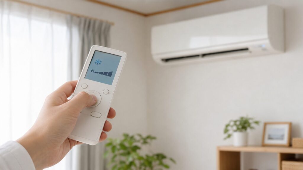 エアコンのリモコンで冷房30度設定を確認する日本人の手元