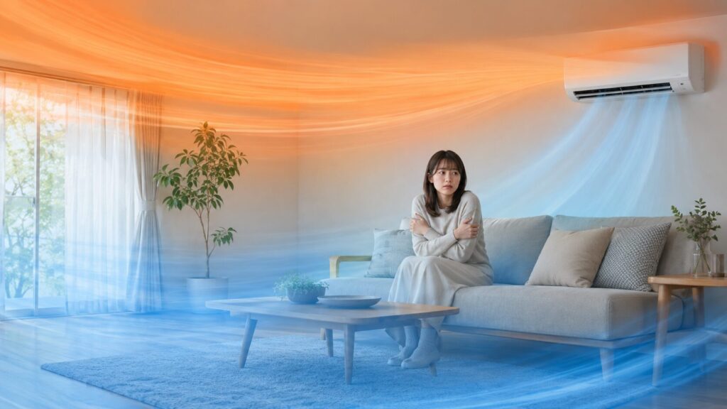 エアコンが稼働する日本のリビングで、足元に溜まる冷気(青色)と天井付近に留まる暖気(オレンジ色)を可視化した温度ムラの様子。ソファーに座る女性が少し肌寒そうにしている。