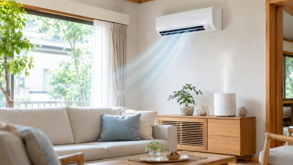 冷房が効き乾燥しがちな部屋で、加湿器からミストが出る様子