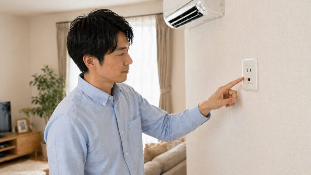 エアコン設置予定場所の壁にあるコンセントの形状を指先で確認する日本人男性。18畳用や20畳用エアコンに必要な200V電源に対応しているか、購入前にチェックする様子。