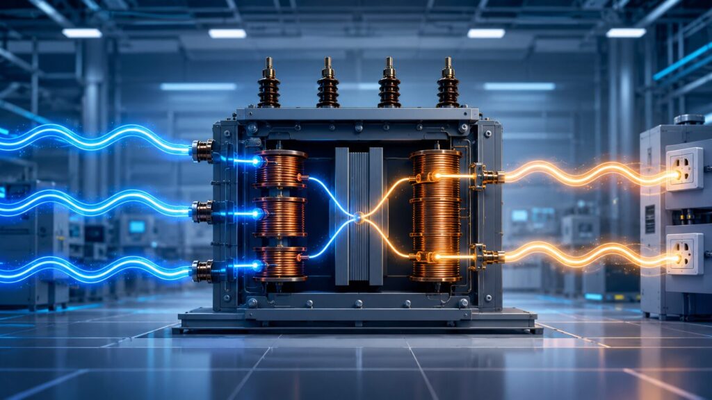 三相電源のバランスを保ちながら効率よく二系統の単相電力を取り出す、スコット結線トランスの仕組みを表現したイメージ。