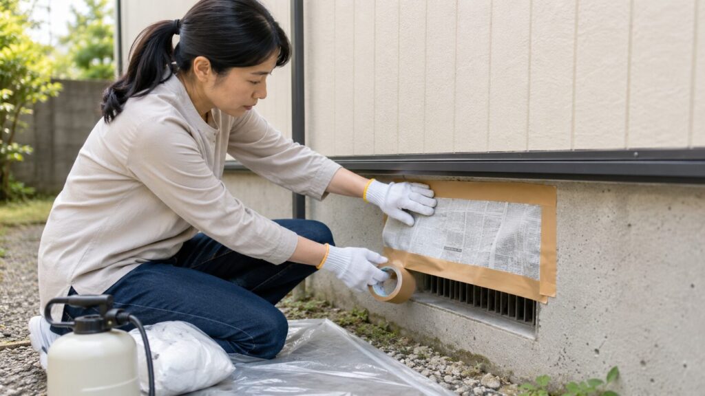 床下くん煙剤を使用する前に、外周の通気口をテープと新聞紙で塞ぐ日本の女性。