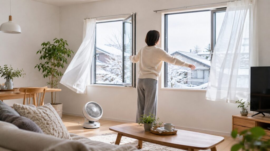 冬の部屋で窓を開けて換気を行いサーキュレーターで空気を循環させる様子