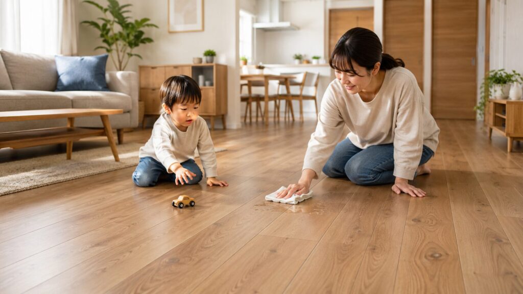 LIXILの床材ラシッサの上で遊ぶ日本人親子。子供がおもちゃを落としても、傷がつきにくく汚れもサッと拭き取れるメンテナンス性の高さを表現。