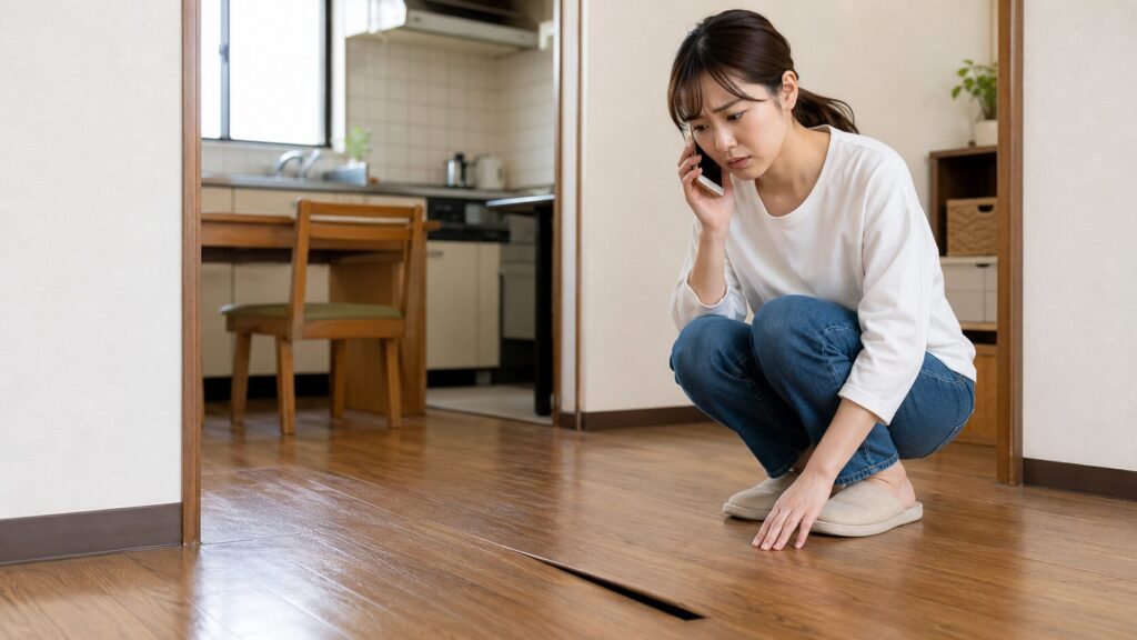 賃貸アパートの床の異変について、スマートフォンで大家や管理会社に連絡して相談する日本人女性