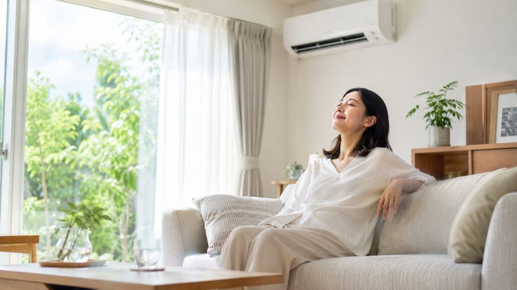 湿度の高い夏の日でも、エアコンでサラッとした快適なリビングでくつろぐ日本人女性。