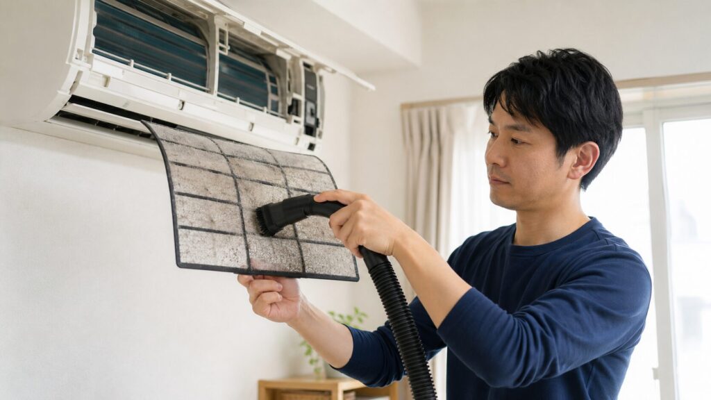 エアコンのフィルターを掃除機できれいにする日本人男性