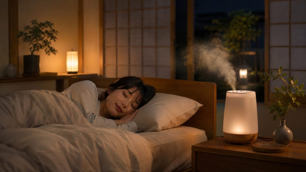 寝室で加湿器を使用し、乾燥を防いで快適に眠る日本人女性