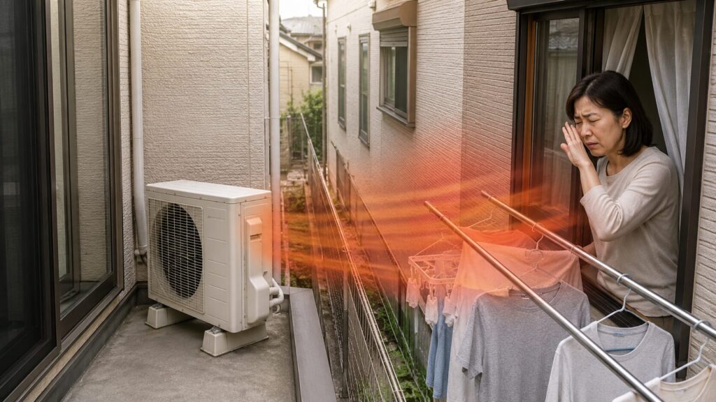 密集した住宅地のベランダで、室外機からの熱風がお隣の窓や洗濯物に直接当たり、隣人が困っている様子。近隣トラブルのリスク。