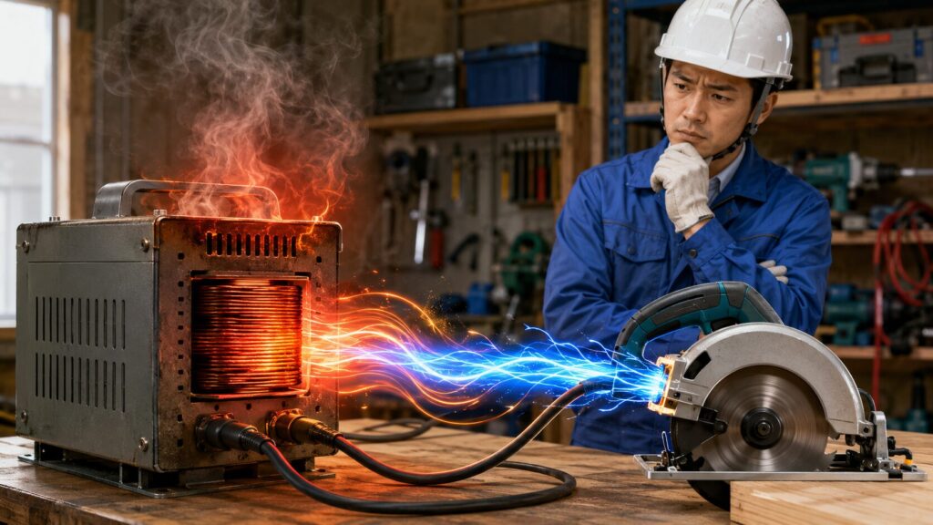 電動工具の始動時などに発生する大きな突入電流によってトランスの容量が不足し、過熱や故障を引き起こすリスクを警告するイメージ図。