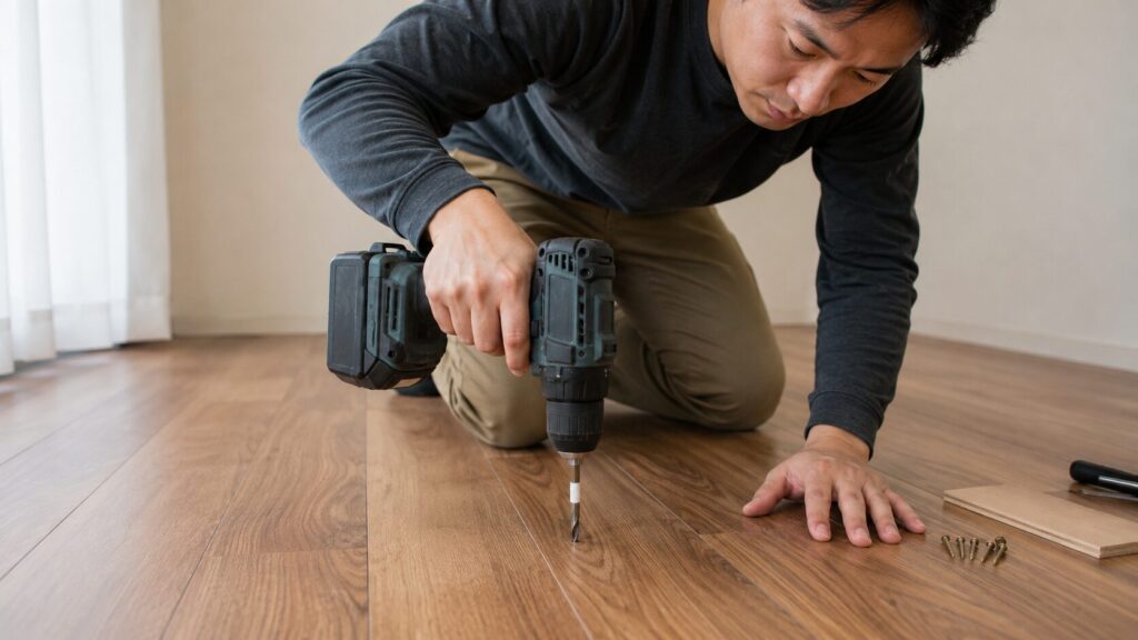 フローリングの割れを防ぐため、日本人男性が電動ドリルで正確に下穴を開けている手元。ドリルビットには深さの目印（マスキングテープ）が巻かれている。