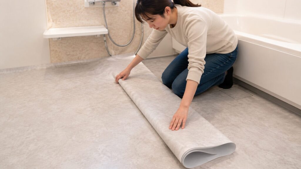 DIYでユニットバスの床に浴室用シートを貼り付ける様子
