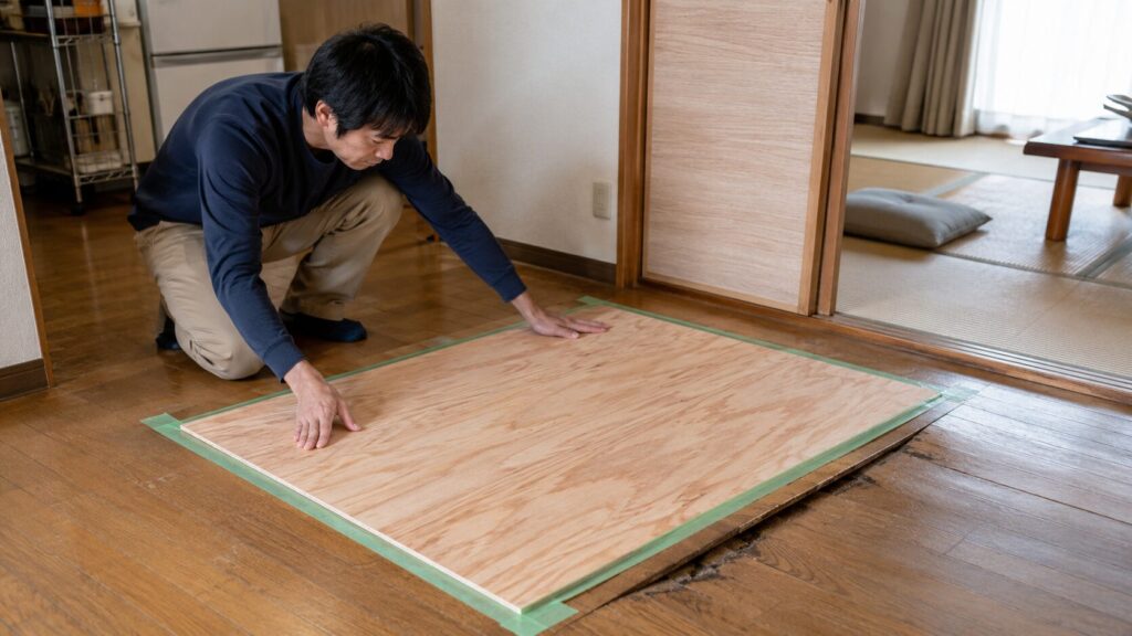 専門業者が来るまでの緊急措置として、沈む床の上に厚いコンパネを敷き、周囲を養生テープで仮止めする日本人男性