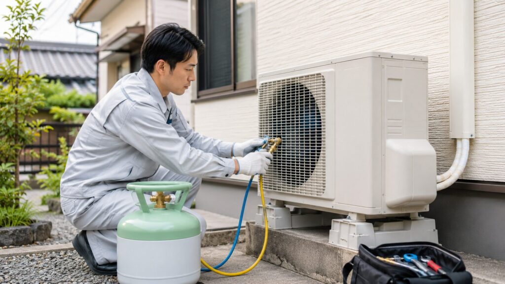 屋外のエアコン室外機で、環境に配慮した新しい冷媒ガスのボンベを接続する日本人作業員。