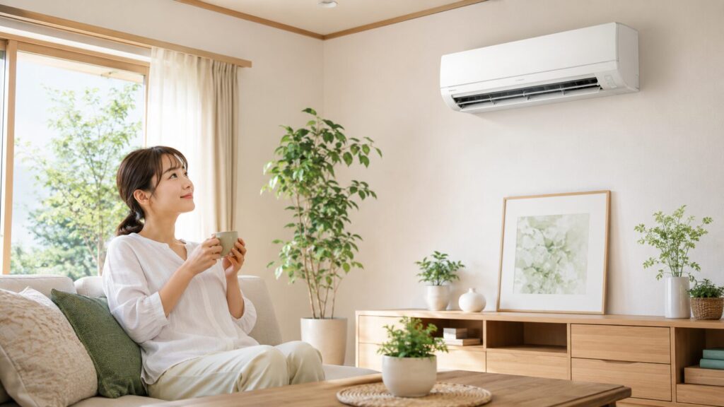 快適な室内でリラックスして笑顔で過ごす日本人女性と、静かに稼働する清潔なエアコン。適切な設置と使い方の結果。