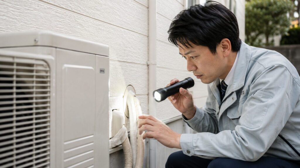 住宅専門家の日本人男性が、懐中電灯（テキストなし）を使ってエアコンの室外機と配管の隙間を熱心に点検している様子。プロの視点での侵入経路確認。