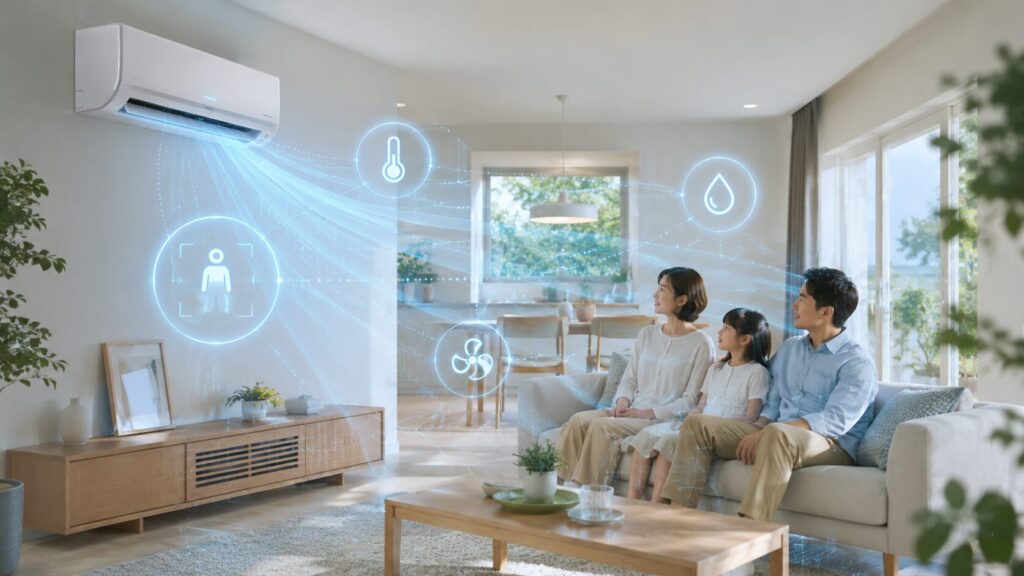 AI搭載エアコンがセンサーで室内の状況を検知し、自動で最適な運転をするイメージ。