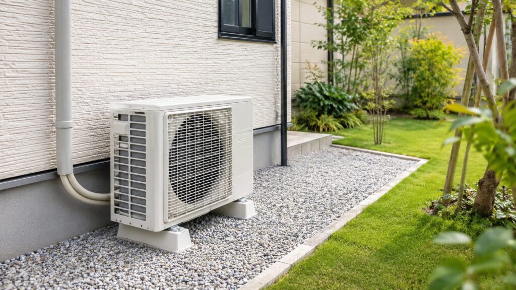戸建て住宅の庭に設置された、周囲が整理されたエアコン室外機