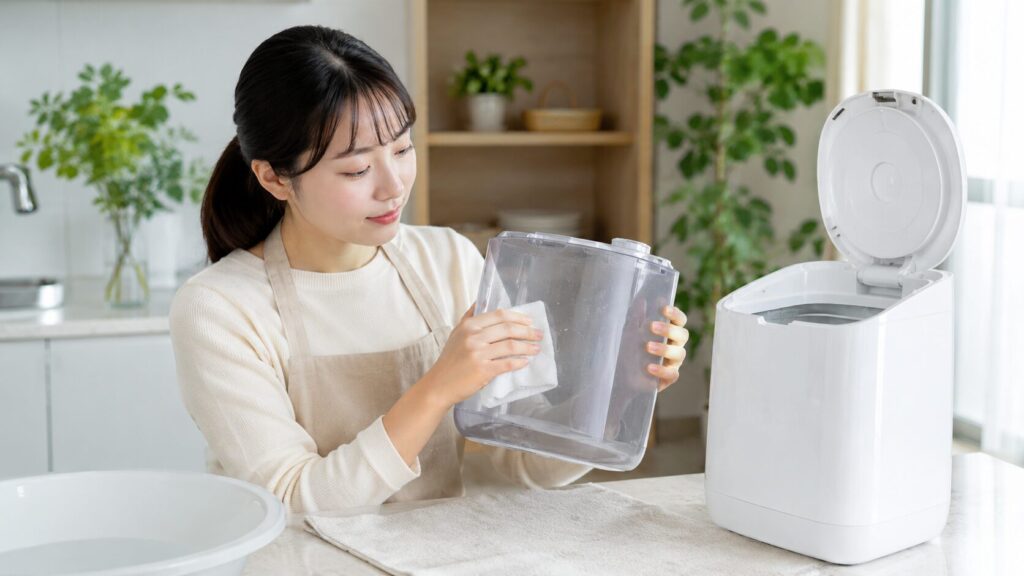 加湿器のタンクを外し、内部をこまめに掃除して清潔に保つ日本人女性