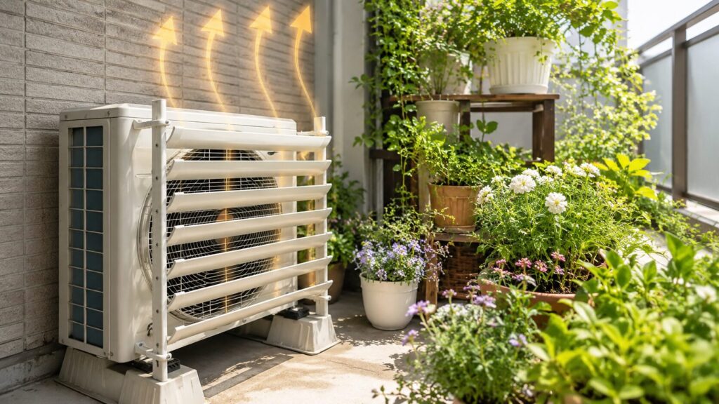 日本のマンションのベランダで、緑豊かな植物の隣に設置されたエアコン室外機。上向きルーバーが熱風を上方に逃がしており、周囲の鉢植えやプランターの植物が健やかに守られている様子を示す写真。