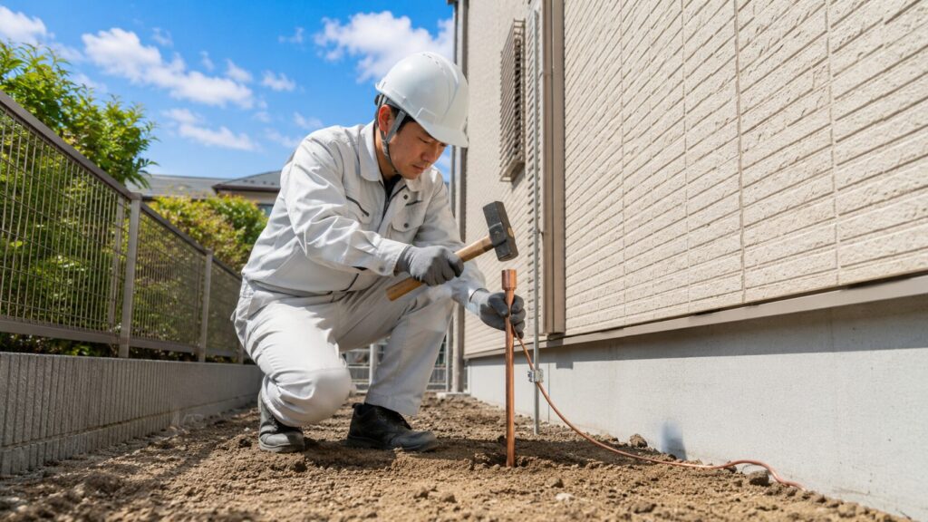 作業着とヘルメットを着用した日本人の電気工事士が、屋外の地面にアース棒を打ち込み、基準値を満たす接地工事を行っている作業風景