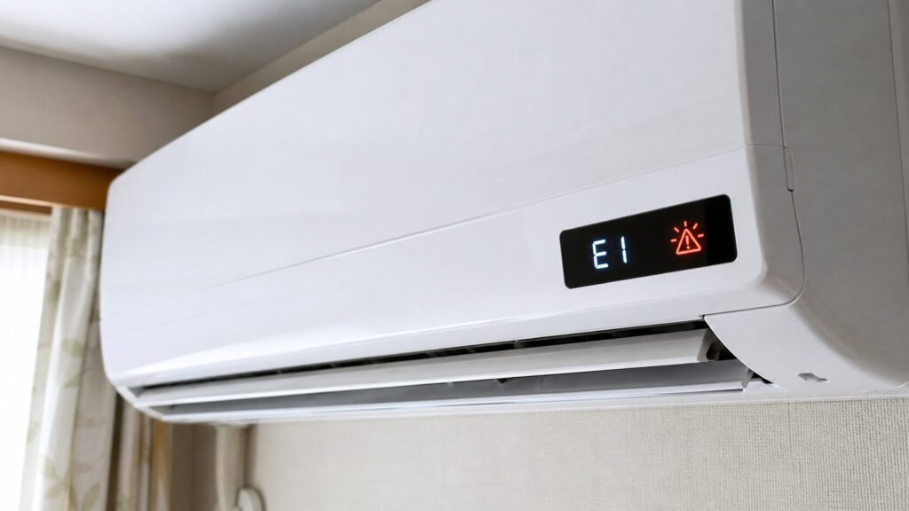 室内エアコン本体のディスプレイに、エラーコード「E1」と点滅するアイコンが表示されているクローズアップ写真。