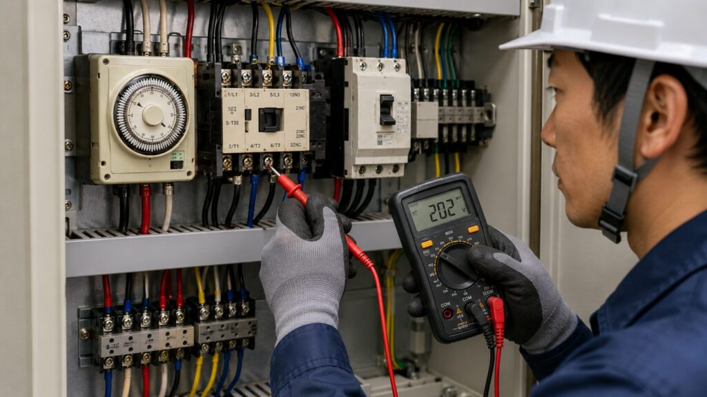 設置が完了した三相200V制御盤内の各端子の電圧をテスターで測定し、安全を確認する電気工事士。