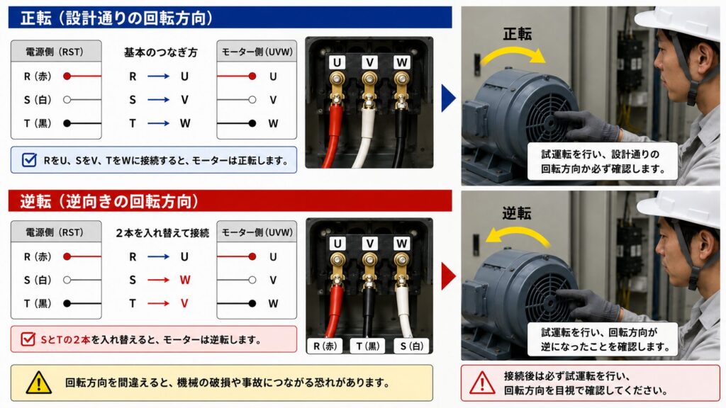 三相モーターの配線（R-U、S-V、T-W）を入れ替えて逆転させる接続方法と、試運転での回転方向確認