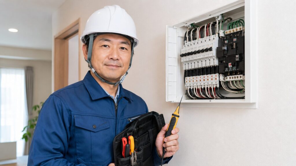 分電盤の前で安全に作業を行う、信頼できる日本の有資格者(電気工事士)のイメージ。