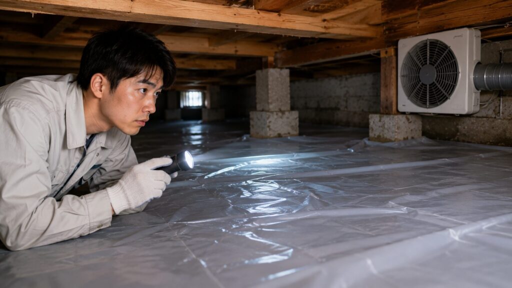 日本人の住宅点検業者が床下で水漏れや湿気の原因を確認している様子
