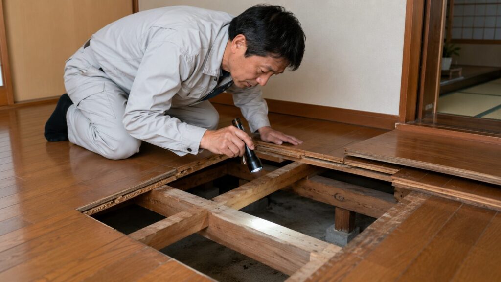 床下の沈みや重いギシギシ音の原因を調査するため、床板を剥がして基礎構造部を点検する専門業者の職人