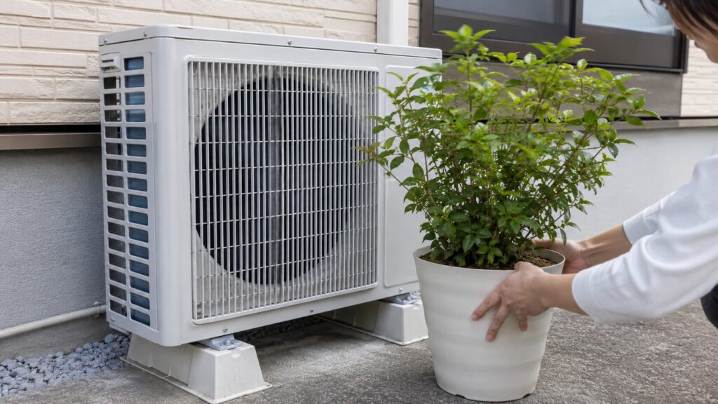 室外機の前に置かれた植木鉢を移動させ、風通しを確保するアジア人の手。