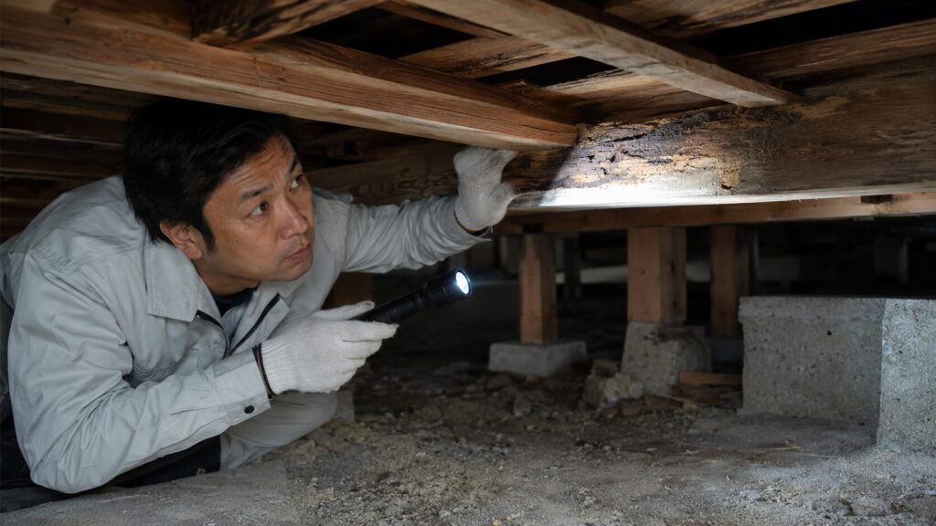 作業服を着たプロの修理業者が、懐中電灯で床下の根太や大引の腐食状況を正確に診断している様子