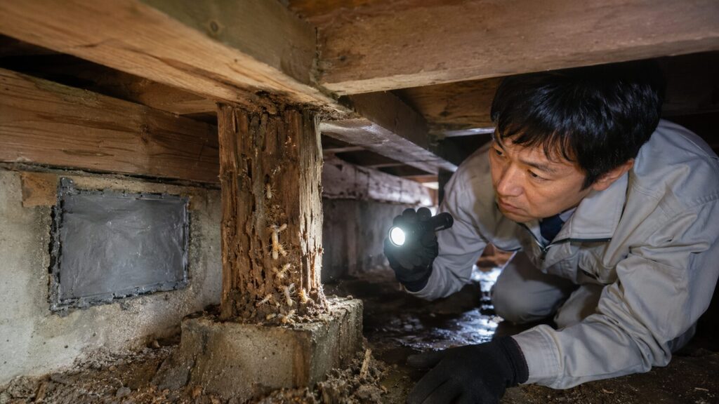 塞がれた換気口により湿気がこもった床下で、シロアリ被害に遭った木材の土台。日本人専門業者がライトで照らし、食害跡とシロアリ（職蟻）を確認している様子。換気口を塞ぐことの危険性と、プロによる専門的な診断の重要性を示している。