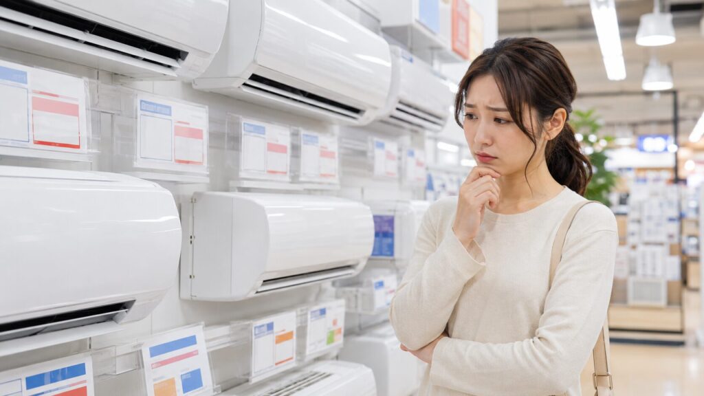 家電量販店のエアコン売り場で、最新モデルの価格表示を心配そうに見つめる日本人女性。