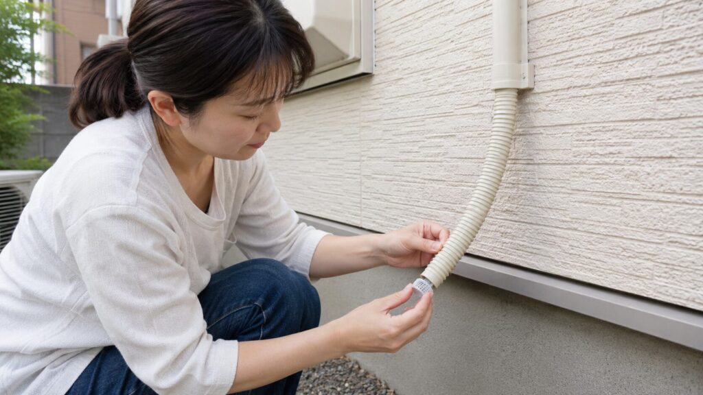 屋外の住宅壁面で、日本人の住人女性がエアコンのドレンホースの先端に市販の防虫キャップを手際よく取り付けている様子。具体的な害虫対策手順。