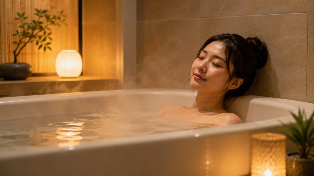 湯気立つ日本の風呂で、ぬるめのお湯にゆっくりと浸かりリラックスしているアジア人女性の様子。浴室は温かみのある照明で照らされている。