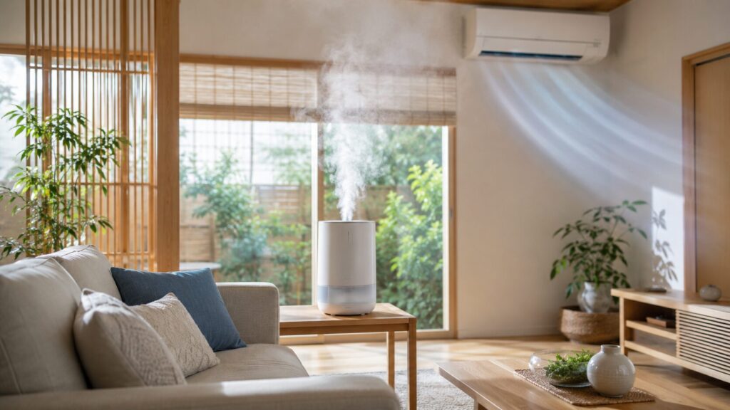リビングの中央の台の上に置かれ、エアコンの風に乗ってミストを広げる加湿器