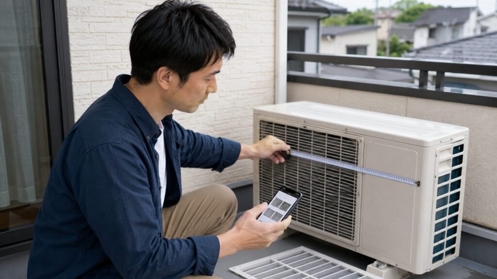 ベランダでメジャーを使い、室外機の吹き出し口のサイズを測るアジア人男性。スマートフォンでルーバーの製品情報を確認している。