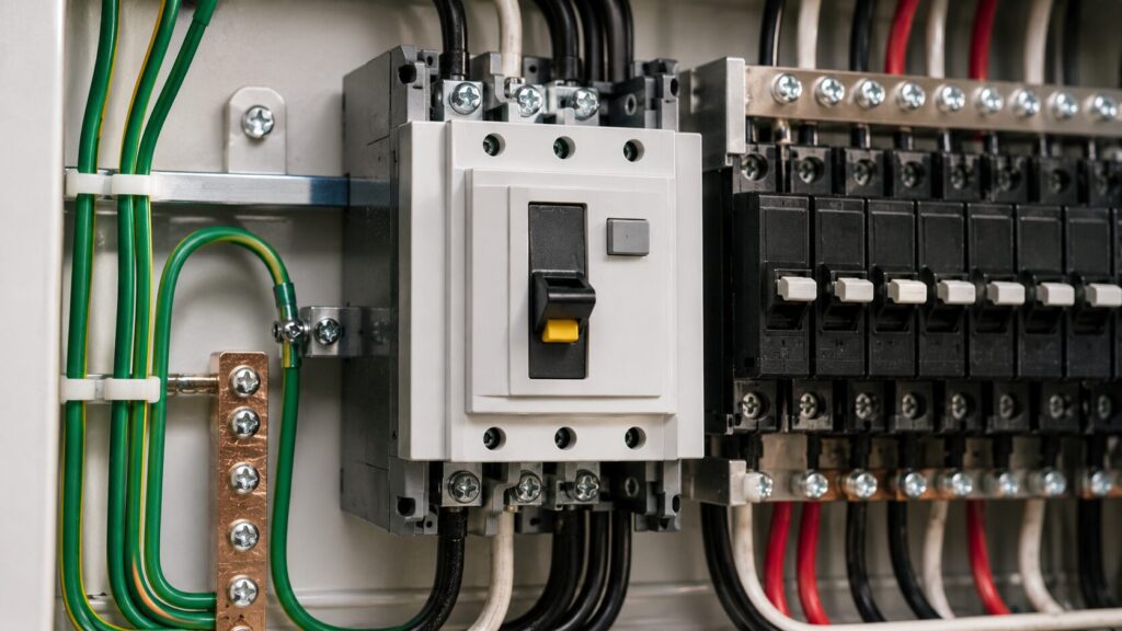 アースと併用することで二重の安全対策となる、分電盤内に設置された漏電遮断器(漏電ブレーカー)のクローズアップ画像