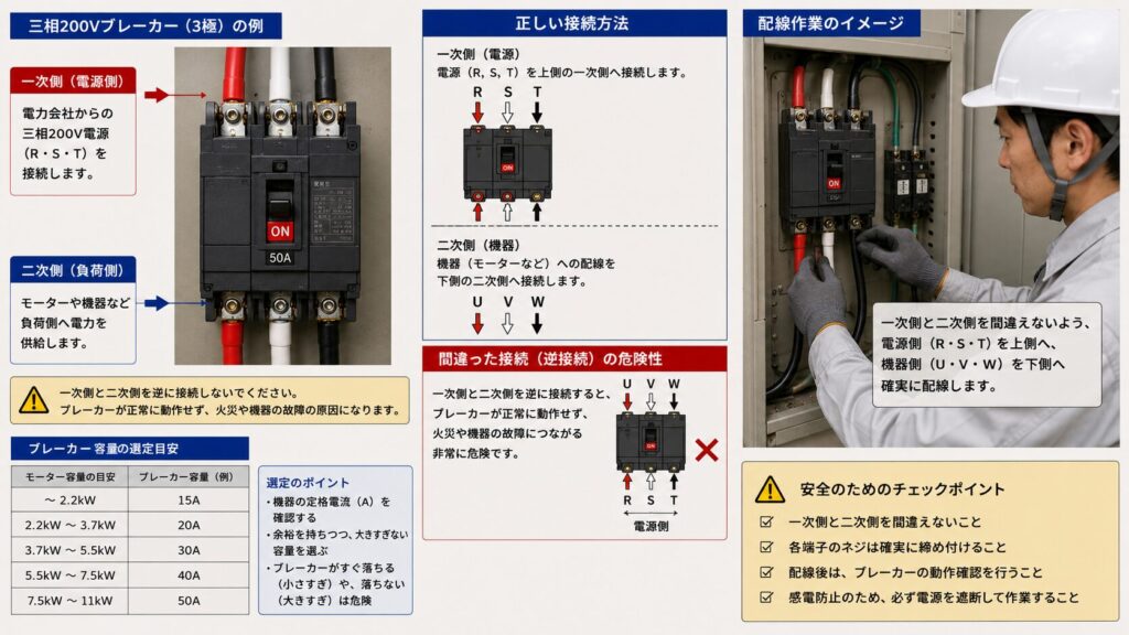 三相200Vブレーカーの一次側（電源）と二次側（機器）を間違えず、適切な容量を選定して配線する電気工事士