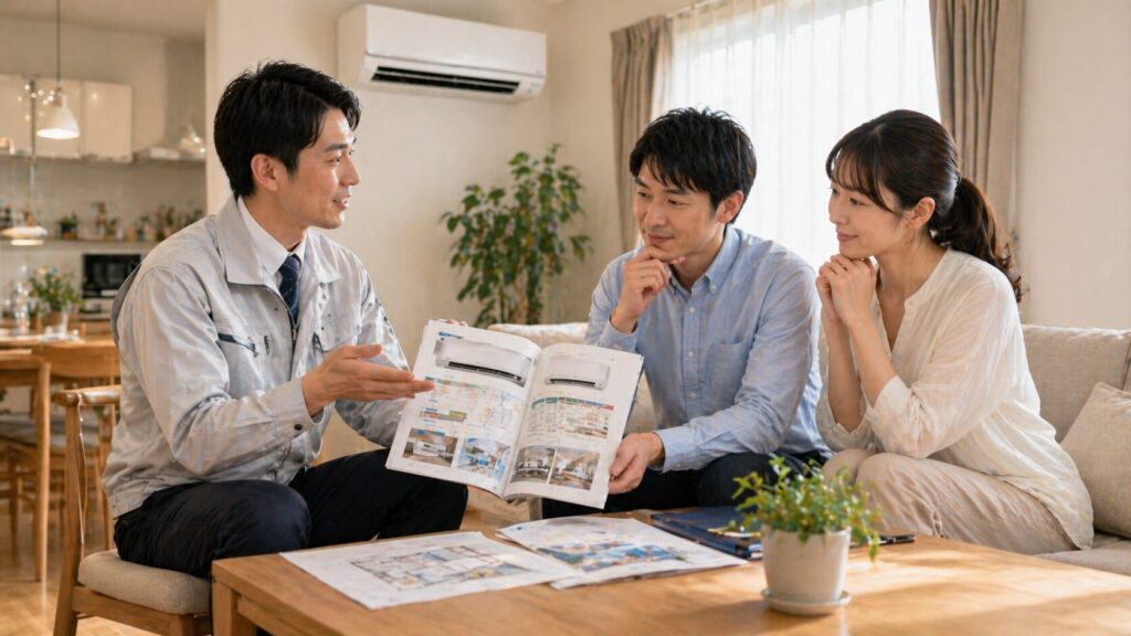 自宅のリビングで、専門業者（日本人男性）からエアコン選びのアドバイスを受ける日本人夫婦。部屋の環境やライフスタイルに合わせた最適な一台を提案してもらい、後悔のない選択につなげる様子。
