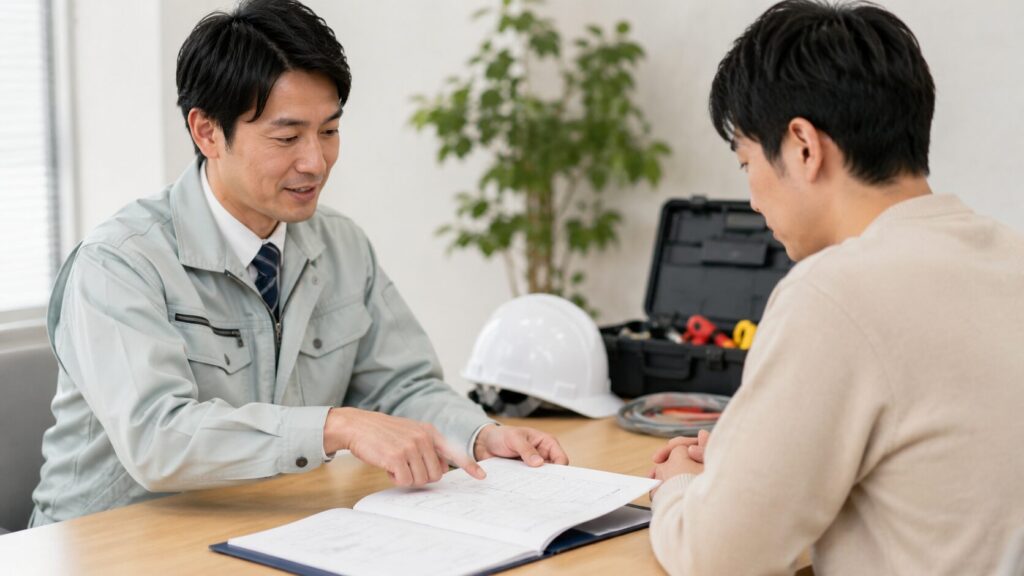 電気工事業者から工事費用の見積もりや施工内容について説明を受けている相談シーン。