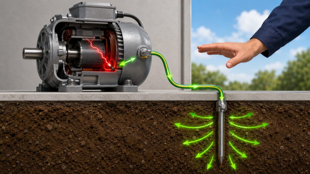 機器から漏電した危険な電気を、アース線を通じて安全に地面へと逃がすことで人体への感電を防ぐ接地工事のメカニズムを示した図解。