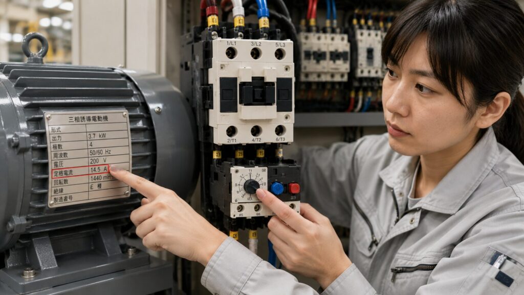 三相モーターの銘板に記載された定格電流値を指差し、マグネットスイッチに内蔵されたサーマルリレーのダイヤルを設定する日本人の女性電気工事士。