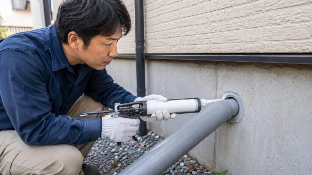 基礎の配管貫通部にできた隙間を、コーキングガンで丁寧に塞ぐ日本の男性。 この画像を生成して