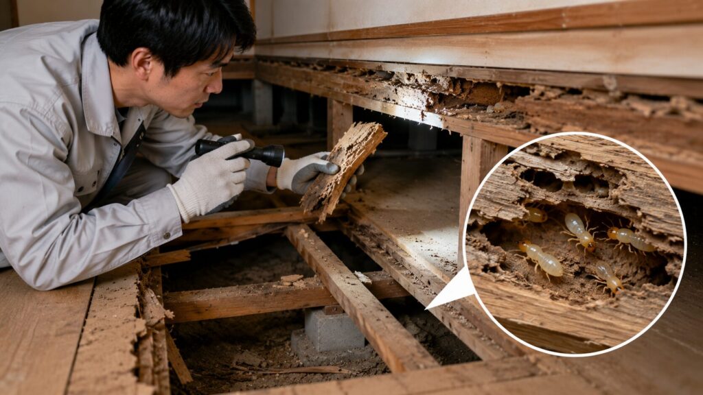 長年放置された床鳴りの原因が、実は床下のシロアリ被害による木材の空洞化であったことが判明した、深刻な住宅点検の現場