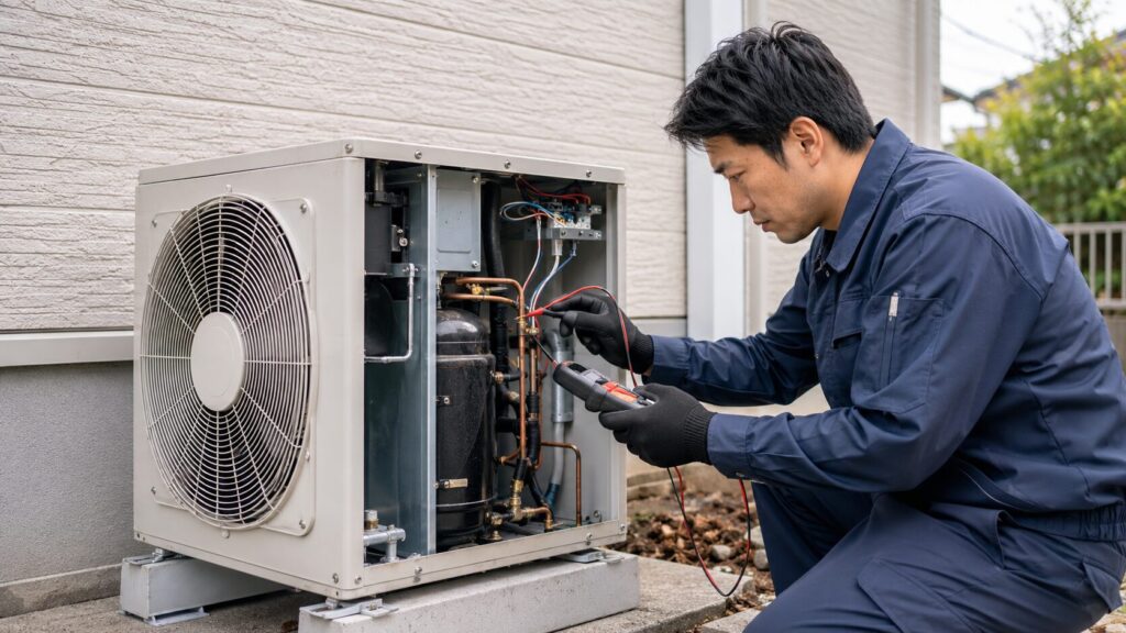 工具を使って室外機の内部を点検する、プロの修理業者（アジア人男性）。